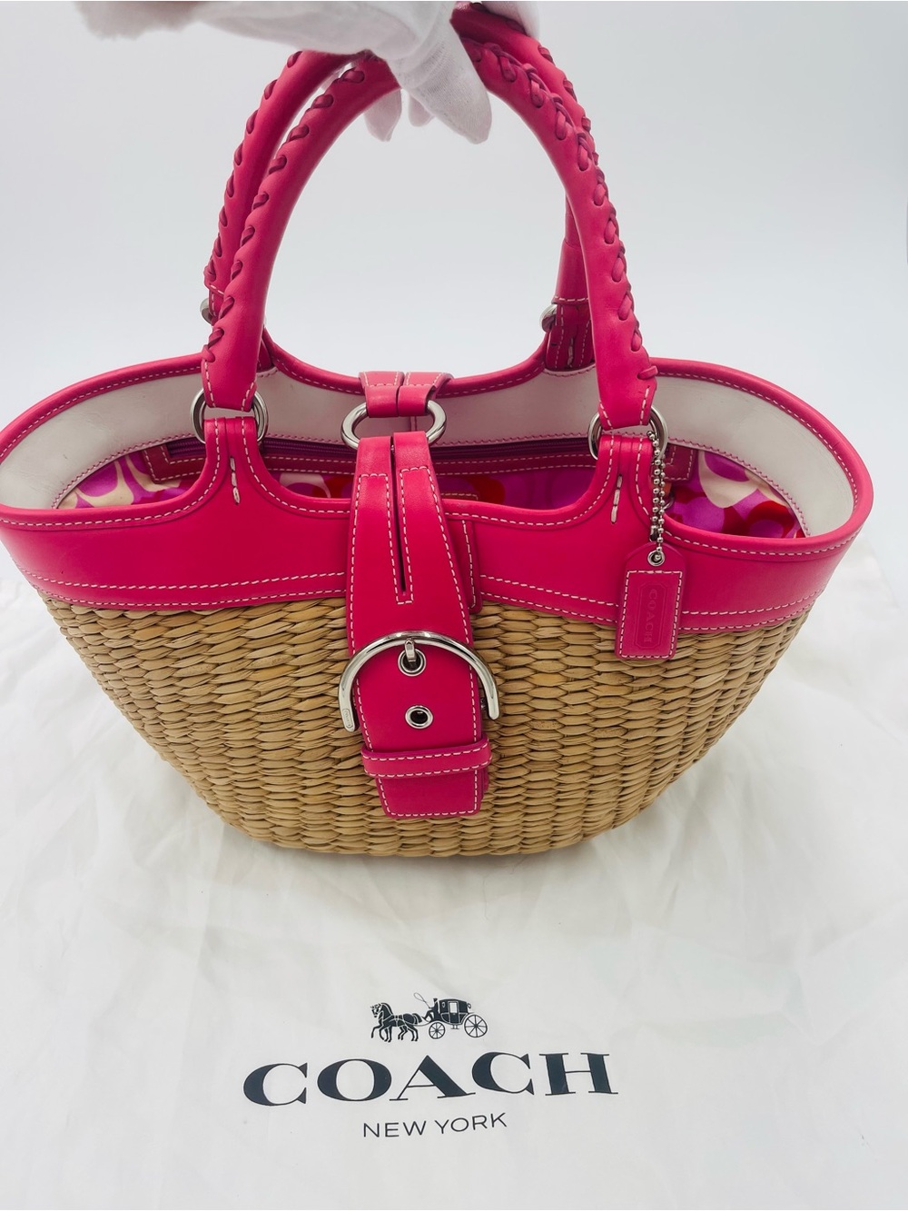 COACH 6271 Pink Trim Wicker Tote Bag